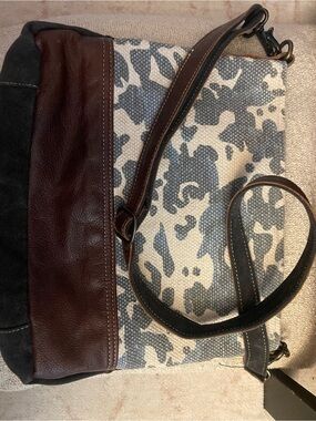 Myra Bag Canvas Tote with Brown Leather Trim and Gray Pattern